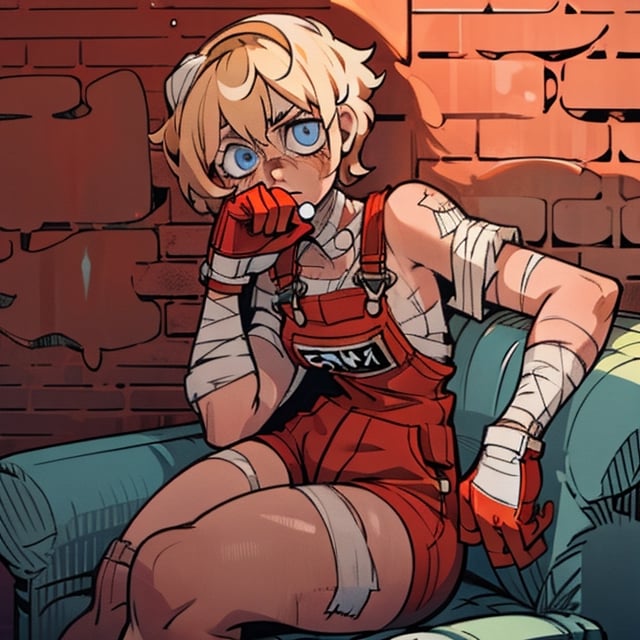 (Perfect body), Best Quality, ((Short Hair)), (blonde hair), blue eyes, eyepatch over left eye, face scars, body scars, ((thick thighs)),  good fingers,  good hands, best eyes, round pupil, female_solo, red gloves, bandages, seat, sitting, brick wall, red overalls