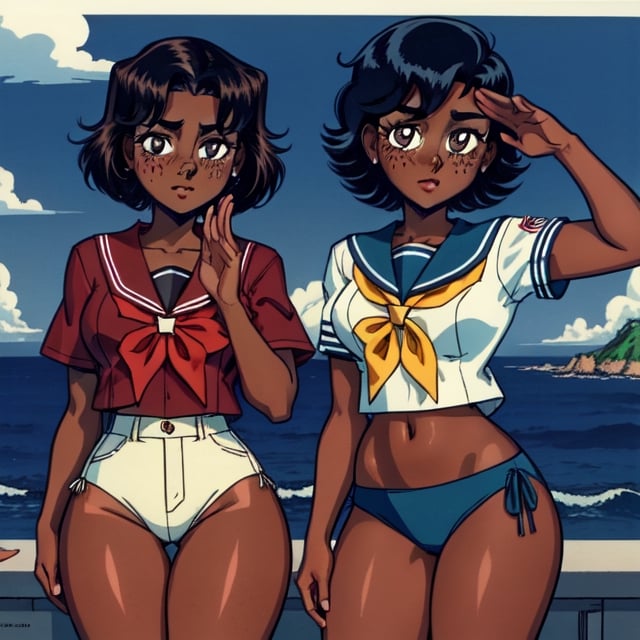 (Perfect body), Best Quality, (blush), (short hair), Dark Skin,  ((thick thighs)),  Tomboy,  shy,  freckles,  black hair,  brown eyes,  tan skin, veronica,  cover,  good fingers,  good hands, best eyes, round pupil, retro,1990s \(style\), sailor uniform, salute, ocean, warship