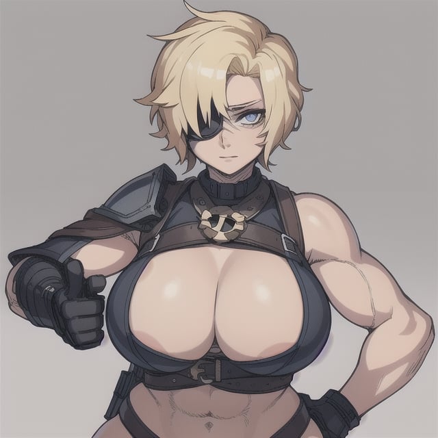 (Perfect body), Best Quality, ((Short Hair)), (blonde hair), blue eyes, eyepatch over left eye, face scars, body scars, ((thick thighs)),  good fingers,  good hands, best eyes, round pupil, female_solo