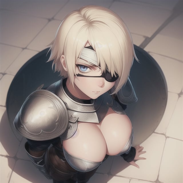 (Perfect body), Best Quality, ((Short Hair)), (blonde hair), blue eyes, face scars, ((body scars)), ((thick thighs)),  good fingers,  good hands, best eyes, round pupil, female_solo, ((tired)), glare, (((left eyepatch))), knight armor, from above, looking up