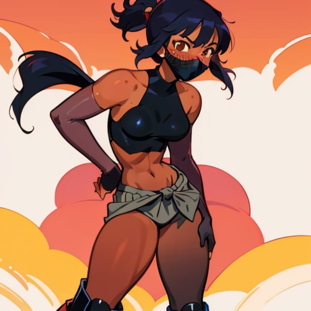 (Perfect body), Best Quality, (((Blush))), (((Dark Skin))), (Short Hair),  ((thick thighs)), shy, black hair,  brown eyes, freckles,  cover,  good fingers,  good hands, best eyes, round pupil, veronica,mouth mask,black crop top,red pants,clothes around waist,elbow gloves,black boots, suzune,pony_tail