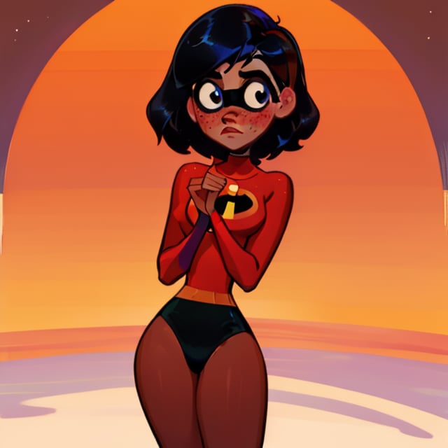 (Perfect body), Best Quality, (((Blush))), (((Dark Skin))), (Short Hair),  ((thick thighs)), shy, black hair,  brown eyes, freckles,  cover,  good fingers,  good hands, best eyes, round pupil, veronica, ,violetparr