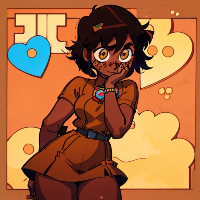 (Perfect body), Best Quality, (blush), (short hair), Dark Skin,  ((thick thighs)),  Tomboy,  shy,  freckles,  black hair,  brown eyes,  tan skin, veronica,  cover,  good fingers,  good hands, best eyes, round pupil, hearts, nervous, yellow dress, retro,1990s \(style\)