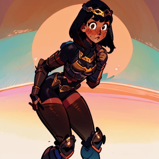 (Perfect body), Best Quality, (((Blush))), (((Dark Skin))), (Short Hair),  ((thick thighs)), shy, black hair,  brown eyes, freckles,  cover,  good fingers,  good hands, best eyes, round pupil, veronica,helm,Dancer_of_the_Boreal_Valley