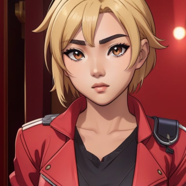 (Perfect body), Best Quality, ((Short Hair)), ((tan skin)), (blonde hair), asian, brown eyes, face scars, ((body scars)), ((thick thighs)),  good fingers,  good hands, best eyes, round pupil, female_solo, ((tired)), glare, (((left eyepatch))), red jacket