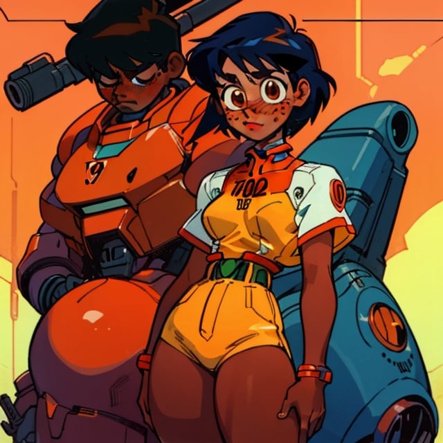 (Perfect body), Best Quality, (blush), (short hair), Dark Skin,  ((thick thighs)),  Tomboy,  shy,  freckles,  black hair,  brown eyes,  tan skin, veronica,  cover,  good fingers,  good hands, retrocyberpunk,1990s \(style\), evangelion, mecha