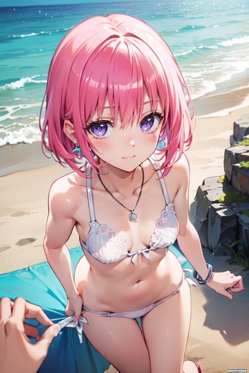 best quality, masterpiece, (realistic:1.2), 1 girl, detailed face, beautiful eyes, (She is wearing a white bikini and having fun on the beach). She looks very happy playing on the beach. She accessorized with a medium, silver bracelet on her wrist. While playing, the girl was drawn in by the colorful and glittering scenery of the sea. She is wearing cute heart-shaped earrings and a matching necklace and smiling in the bright sun, (extremely detailed nipple), (spoken heart), (upturned eyes),((pov, from front, from above:1.3)), ( looking through legs){{{{8k wallpaper}}}},
{{{{extremely detailed eyes}}}},
{{{{extremely detailed body}}}},
{{{{extremely detailed finger}}}},(((nsfw))), (((best quality))), ((official art)), (best anatomy), solo, 1girl, (kawaii), (five digits), (speculum), (4k), (high resolution), ((thin waist)),(nabel),(Beautiful breasts),(beautiful leg:1.3),(skinny leg),(beautiful hands:1.2),(teats),(very slim),(slender:1.3),(ribbed),(skinny limbs),(beautiful vagina:1.3),(beautidful eyes:1.1), (((Beautiful face:1.3))),(best quality:1.1), (masterpiece:1.4), (absurdres:1.0), portrait, close up,1girl, bob cut, medium hair ,pink hair, bob cut,purple eyes, ((((medium breasts)))), (blush:1.2), ((small hip)), medium hair, pink hair, disheveled hair,afterglow, (20 years old), be breathless,on bed,shamefaced, embarrassed, half-closed eye, looking away,