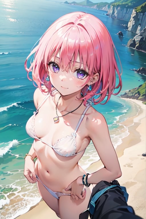 best quality, masterpiece, (realistic:1.2), 1 girl, detailed face, beautiful eyes, (She is wearing a white bikini and having fun on the beach). She looks very happy playing on the beach. She accessorized with a medium, silver bracelet on her wrist. While playing, the girl was drawn in by the colorful and glittering scenery of the sea. She is wearing cute heart-shaped earrings and a matching necklace and smiling in the bright sun, (extremely detailed nipple), (spoken heart), (upturned eyes),((pov, from front, from above:1.3)), ( looking through legs){{{{8k wallpaper}}}},
{{{{extremely detailed eyes}}}},
{{{{extremely detailed body}}}},
{{{{extremely detailed finger}}}},(((nsfw))), (((best quality))), ((official art)), (best anatomy), solo, 1girl, (kawaii), (five digits), (speculum), (4k), (high resolution), ((thin waist)),(nabel),(Beautiful breasts),(beautiful leg:1.3),(skinny leg),(beautiful hands:1.2),(teats),(very slim),(slender:1.3),(ribbed),(skinny limbs),(beautiful vagina:1.3),(beautidful eyes:1.1), (((Beautiful face:1.3))),(best quality:1.1), (masterpiece:1.4), (absurdres:1.0), portrait, close up,1girl, bob cut, medium hair ,pink hair, bob cut,purple eyes, ((((medium breasts)))), (blush:1.2), ((small hip)), medium hair, pink hair, disheveled hair,afterglow, (20 years old), be breathless,on bed,shamefaced, embarrassed, half-closed eye, looking away,