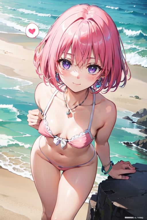 best quality, masterpiece, (realistic:1.2), 1 girl, detailed face, beautiful eyes, (She is wearing a bikini and having fun on the beach). She looks very happy playing on the beach. She accessorized with a medium, silver bracelet on her wrist. While playing, the girl was drawn in by the colorful and glittering scenery of the sea. She is wearing cute heart-shaped earrings and a matching necklace and smiling in the bright sun, (extremely detailed nipple), (spoken heart), (upturned eyes),((pov, from front, from above:1.3)), (leaning forward){{{{8k wallpaper}}}},
{{{{extremely detailed eyes}}}},
{{{{extremely detailed body}}}},
{{{{extremely detailed finger}}}},(((nsfw))), (((best quality))), ((official art)), (best anatomy), solo, 1girl, (kawaii), (five digits), (speculum), (4k), (high resolution), ((thin waist)),(nabel),(Beautiful breasts),(beautiful leg:1.3),(skinny leg),(beautiful hands:1.2),(teats),(very slim),(slender:1.3),(ribbed),(skinny limbs),(beautiful vagina:1.3),(beautidful eyes:1.1), (((Beautiful face:1.3))),(best quality:1.1), (masterpiece:1.4), (absurdres:1.0), portrait, close up,1girl, bob cut, medium hair ,pink hair, bob cut,purple eyes, ((((medium breasts)))), (blush:1.2), ((small hip)), medium hair, pink hair, disheveled hair,afterglow, (20 years old), be breathless,on bed,shamefaced, embarrassed, half-closed eye, looking away,