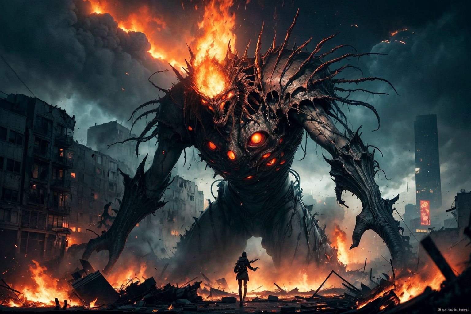 Witness the cataclysmic event as colossal,  tentacled extraterrestrial creatures descend upon New York City,  leaving a tr...