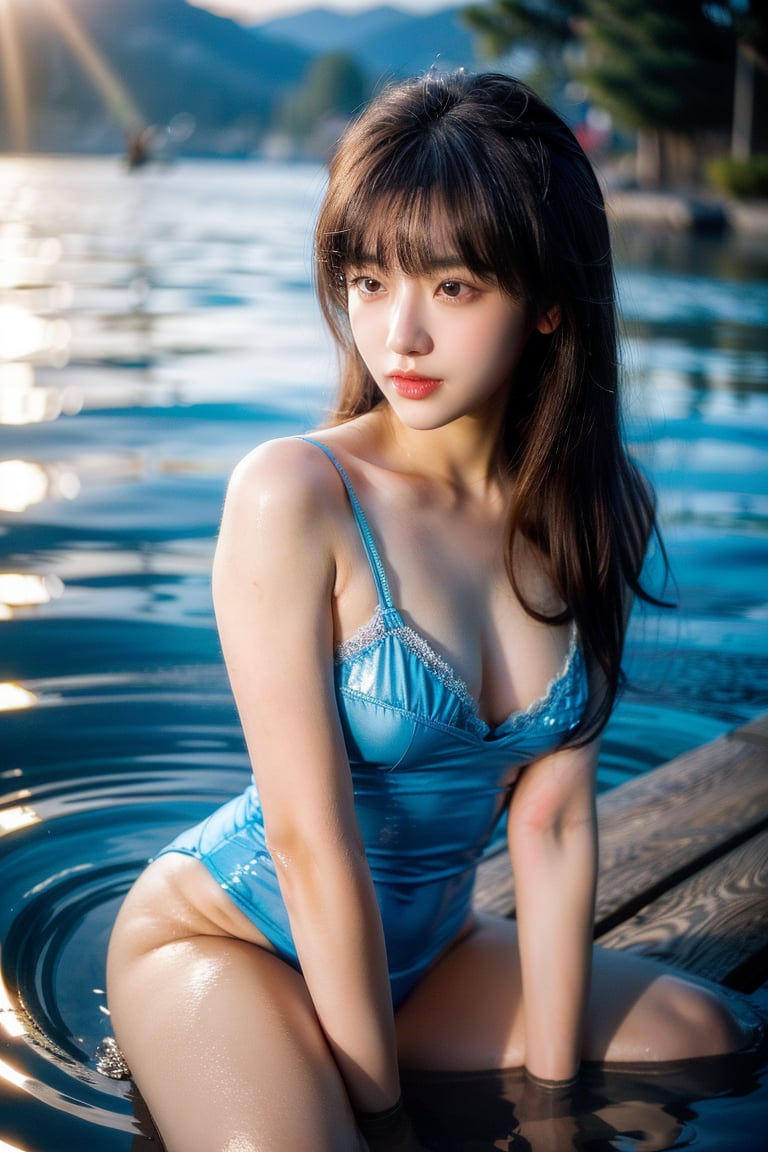 A serene lake's edge at dawn bathes the Korean idol in a warm, golden light. She sits solo amidst gentle ripples, her one-piece swimsuit glistening like diamonds against the misty atmosphere. Brown hair flows down her back as she loses herself in the rhythm, striking drumsticks with unbridled passion. The camera captures her from a low angle, emphasizing her power and confidence as she mesmerizes with her striking features - prominent breasts and piercing brown eyes. Subtle water blur creates a dreamlike background, where only the boy's presence is felt, yet his absence allows the girl's beauty and talent to take center stage.