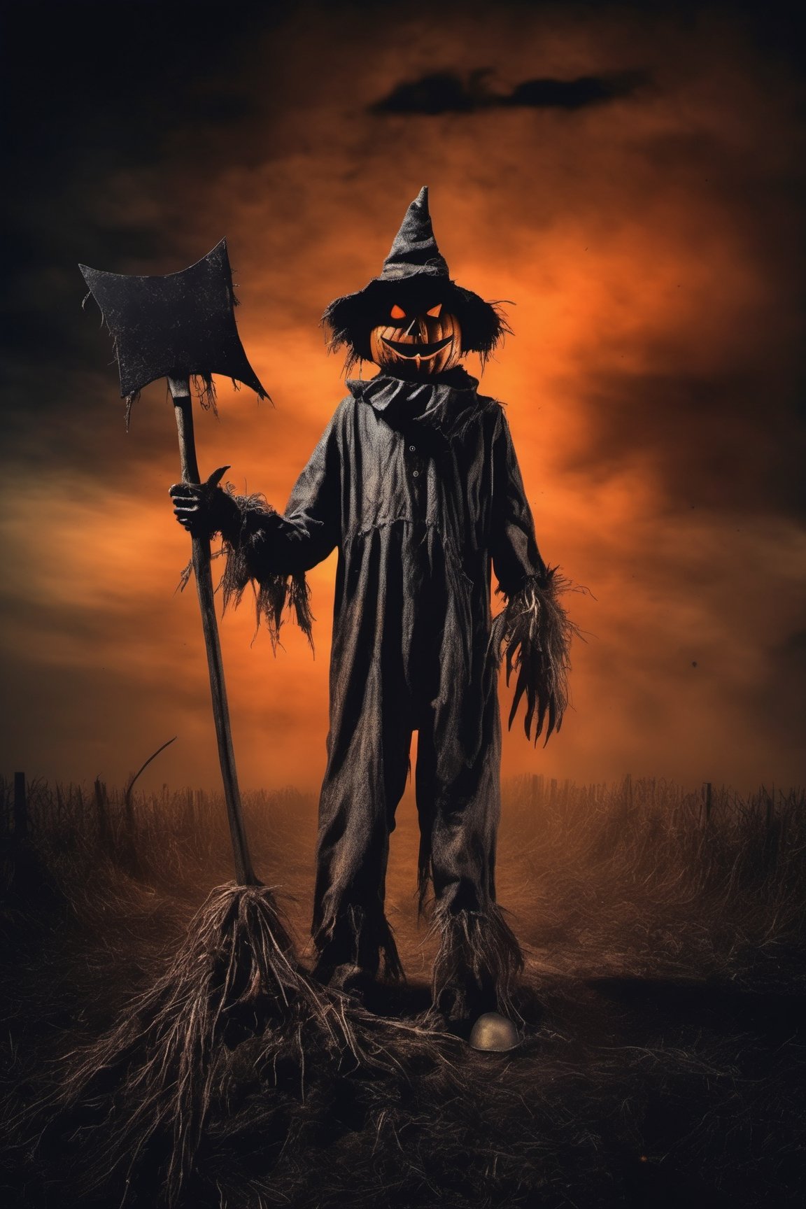 creepy full body scarecrow realistic with hatchet in hand at night foreboding background HD, tenebrism, strange, multi tonal orange and black gradient tumultuous sky, dark core, moderately controlled chaos, ghost core, Nicolas Samori