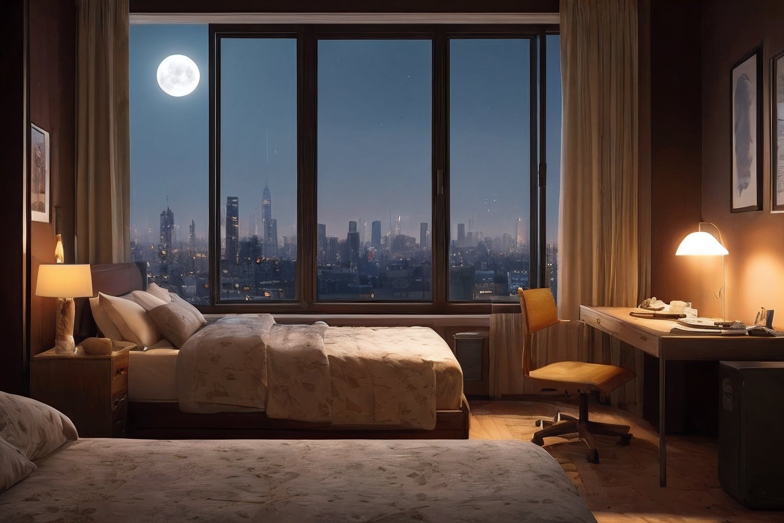 McBane: 3d animation cinematic still of a cozy room, big windows with city view at night, crested moon, melancholic, sad vibes, bed is unmade, computer desk, cluttered with the mismatched furniture, guitar in the corner, in style of Pixar, Disney