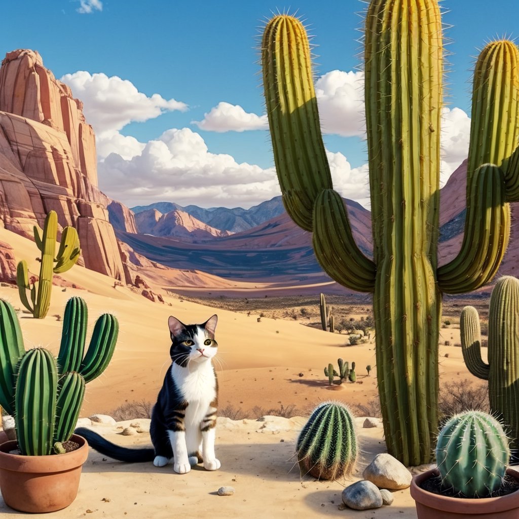 Scenery with a cat, cactus, and the little prince, 