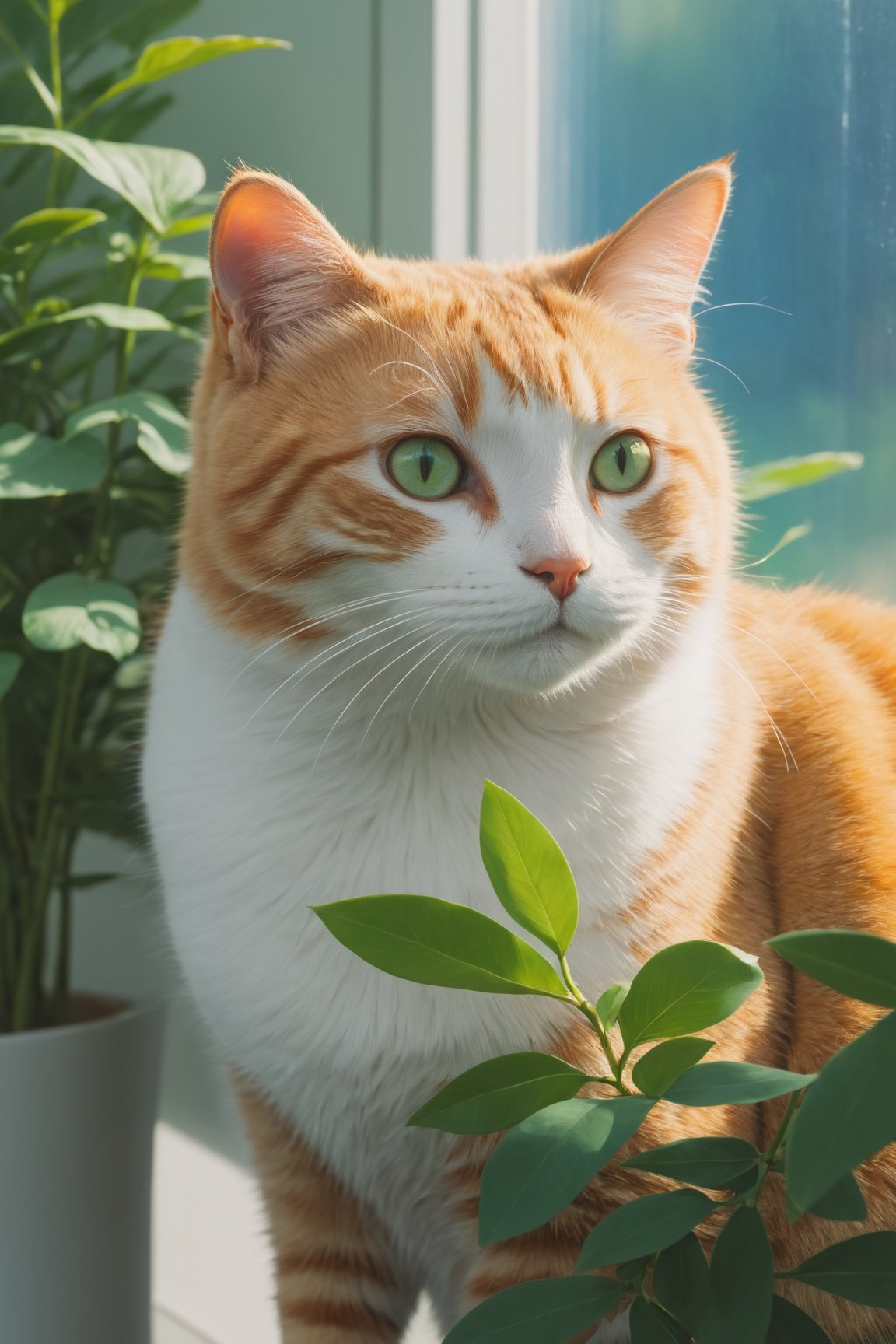 Anime style by Makoto Shinkai studio, close-up of cat sitting on the window sill, cool green foliage, blooming flowers, fantasy, big information, bright yellow, pastel blue, pastel pink, ocean blue teal, bright orange, green, white dominant color palette, acrylic, photography, HD, 4k, clarity, realistic, Ultra wide, wide angle, Cinematic, Ambient light, Light borders, Edge highlighting, chiaroscuro, high resolution, high contrast ratio, high detail, high texture, hyper-realistic high quality models, ultra high quality, golden ratio, pseudo details, pixiv fan box trending, acrylic palette knife, studio style makoto shinkai ghibli genshin impact james gilleard greg rutkowski chiho aoshima, Watercolor, trending on artstation, sharp focus, studio photo, intricate detail, very details, by ChiliKiri, Mysterious