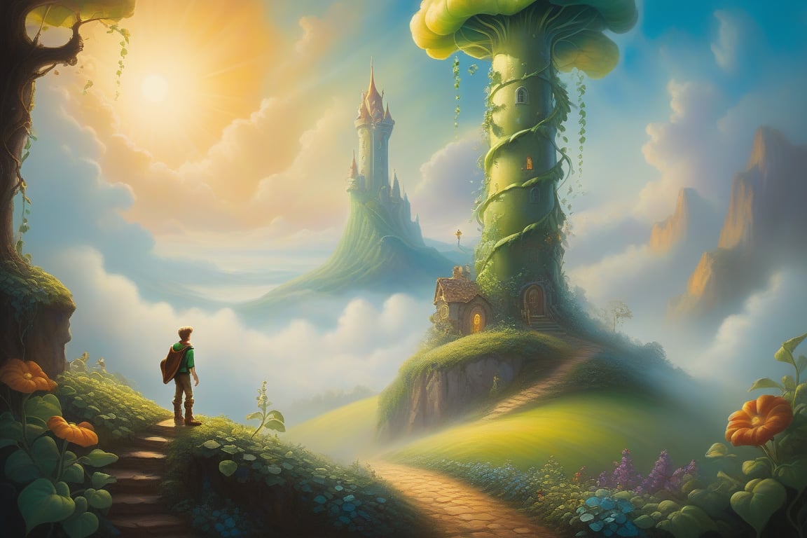 Oil painting of a magical,  enchanted scene featuring Jack and the Beanstalk. A towering beanstalk rises into a misty,  va...