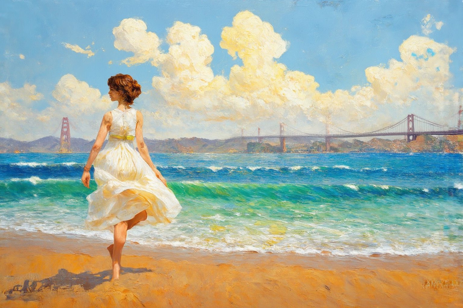 Vivid swirling brushstrokes, impressionist landscape, sea, waves, sandy beach, dynamic sky with clouds, Gwangan Bridge, Busan, bottom right, water drop dress, girl, Van Gogh style, oil painting, expressive movement, natural landscape