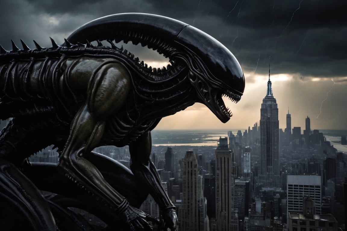 In a masterclass blend of dark fantasy and architectural grandeur,  an Alien Xenomorph crouches precariously on the edge o...