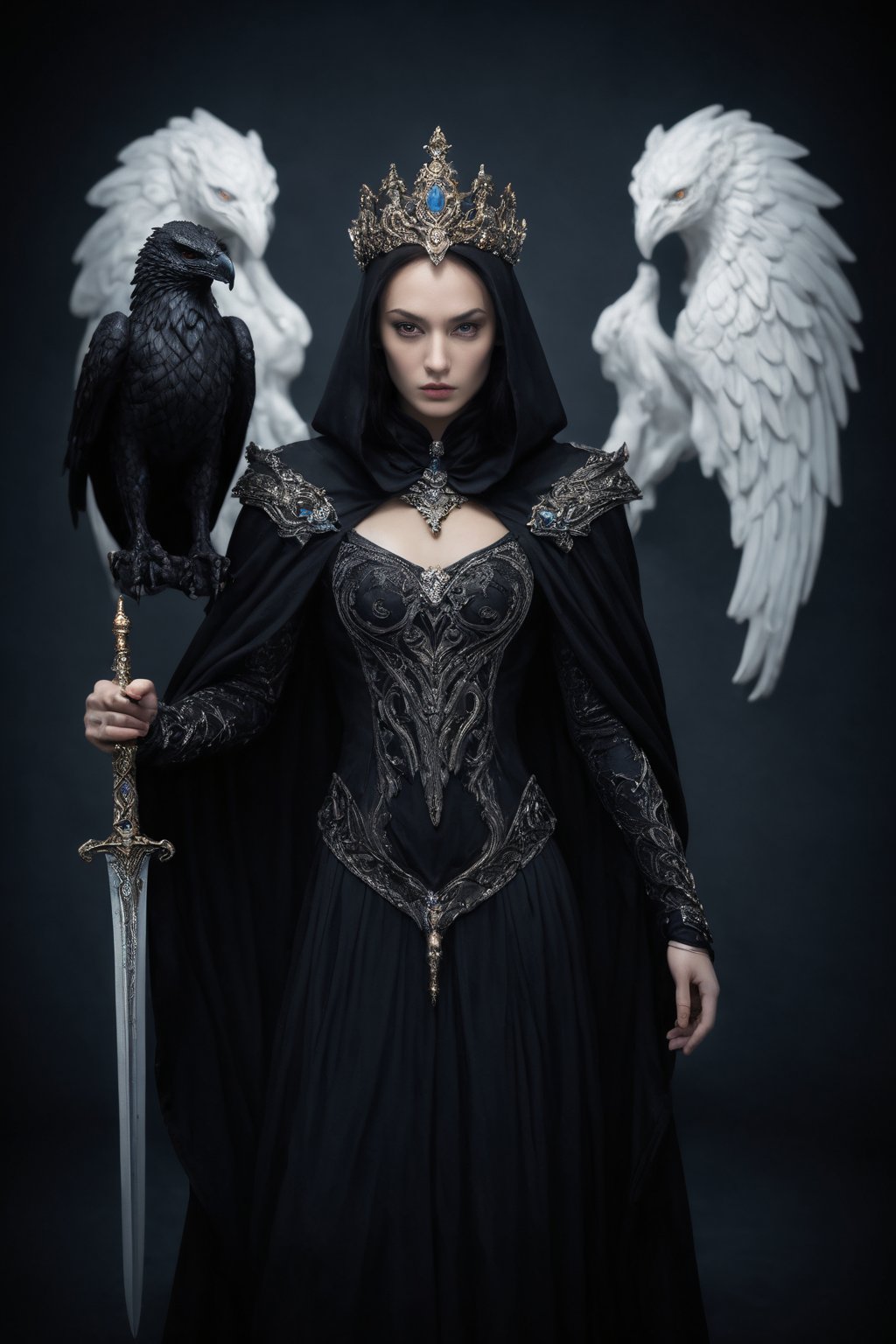 dark fantasy, mysterious woman, gothic throne, medieval, mythical creature, fierce griffin, white serpent, dramatic lighting, intricate detail, fantasy art, cloak and sword, ethereal, ancient mythology, fantasy realms