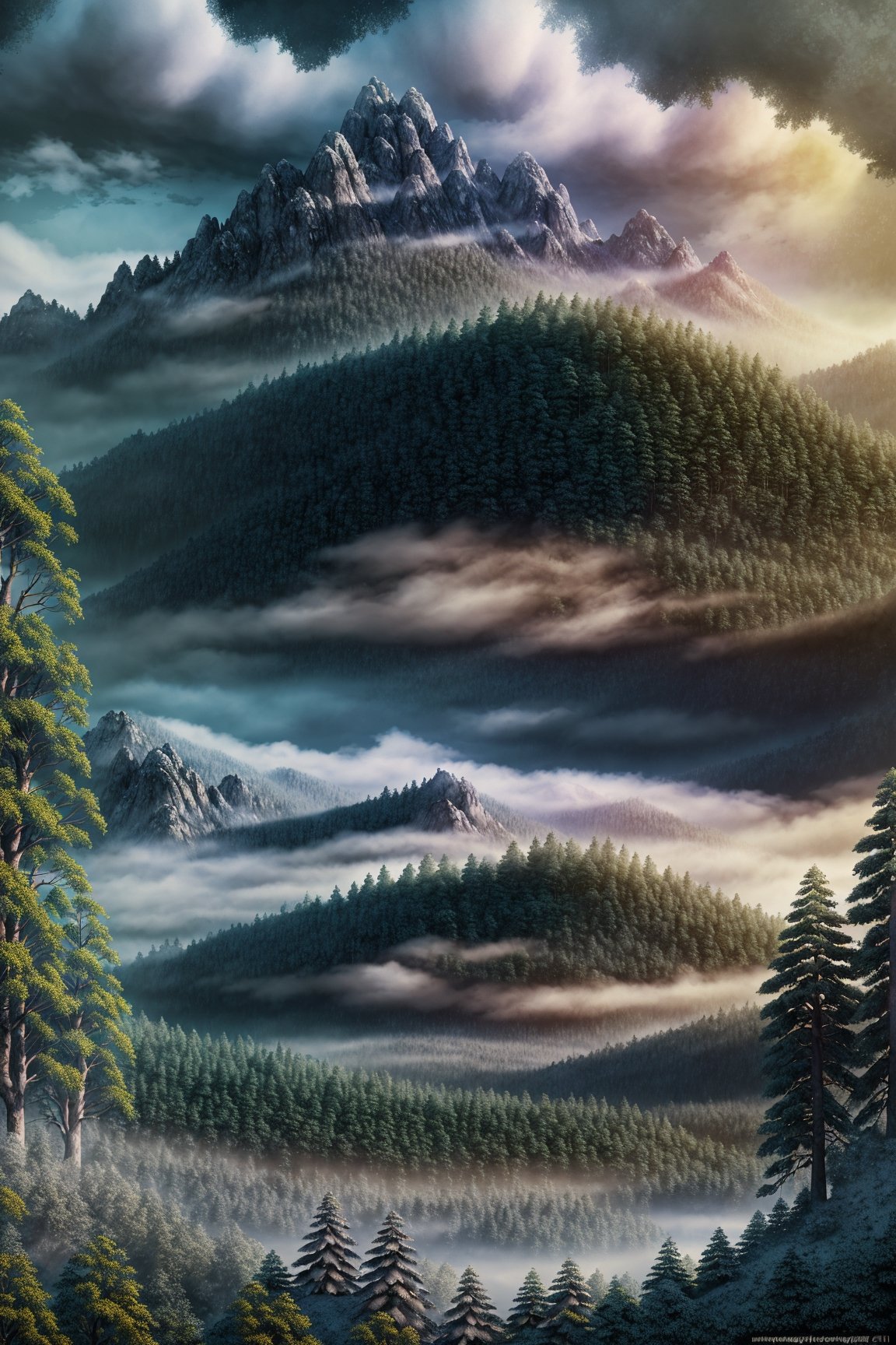 mountain, bluesky, forest, foggy, cloud, (masterpiece),((ultra-detailed)), (highly detailed CG illustration),(expressionless), (best quality:1.2), High quality texture, intricate details, detailed texture, High quality shadow, Cinematic Light, Depth of field, light source contrast, perspective,20s, (