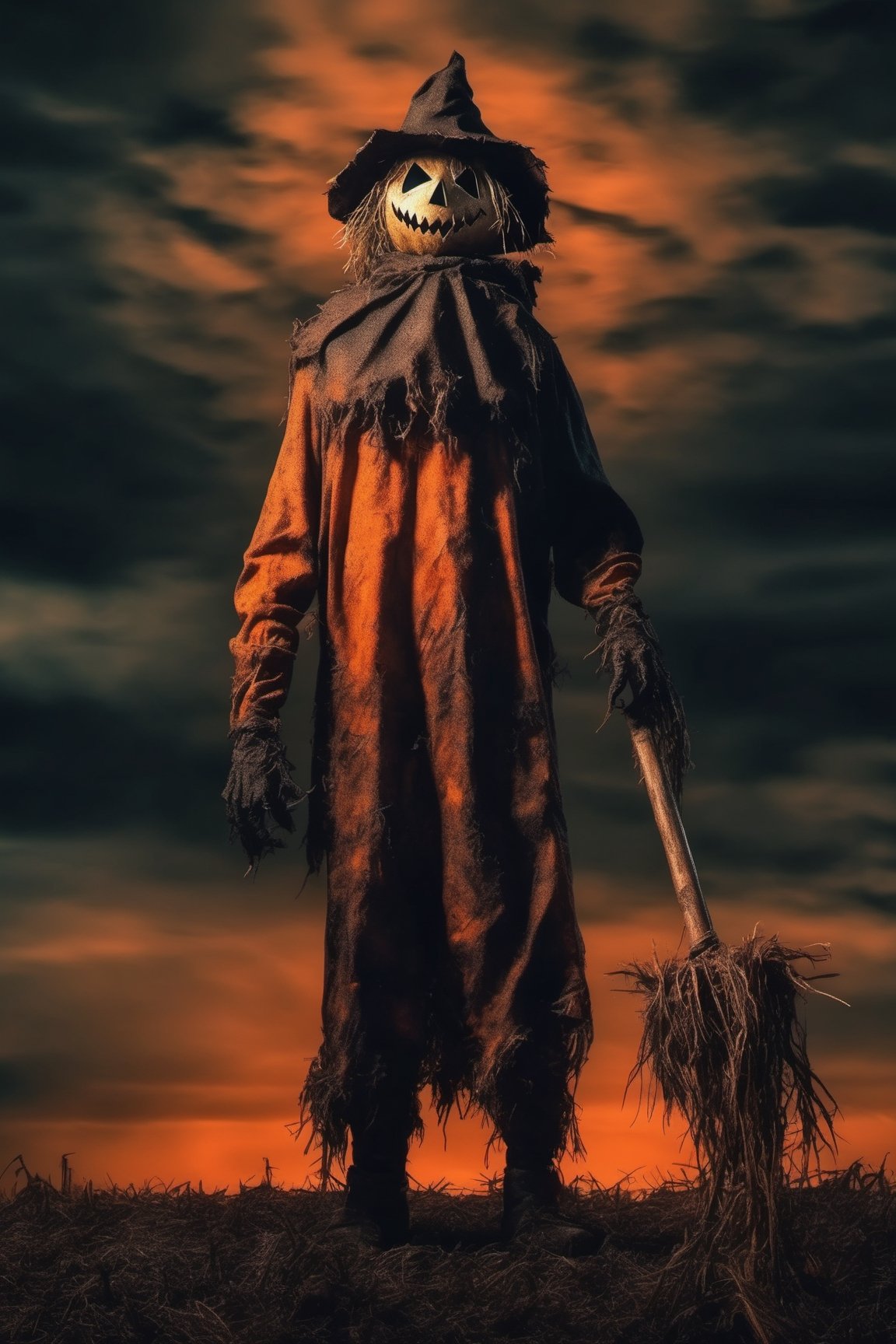 creepy full body scarecrow realistic with hatchet in hand at night foreboding background HD, tenebrism, strange, multi tonal orange and black gradient tumultuous sky, dark core, moderately controlled chaos, ghost core, Nicolas Samori