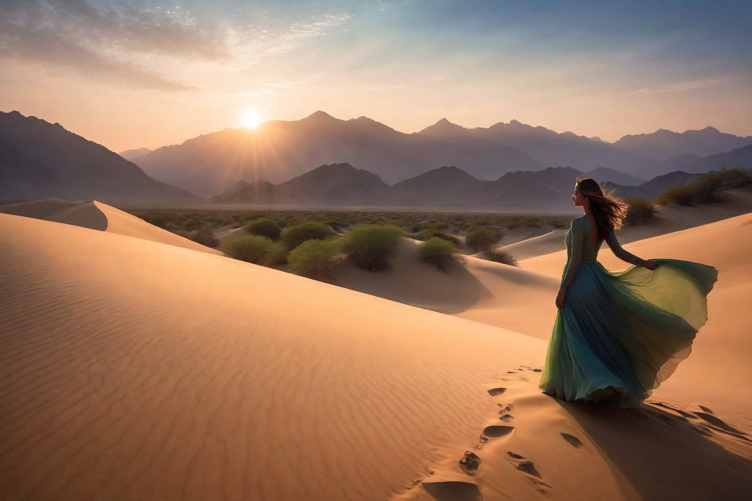 A dreamlike tableau unfolds: a woman's silhouette stands tall on a sweeping sandy dune,  her figure bathed in an otherworl...