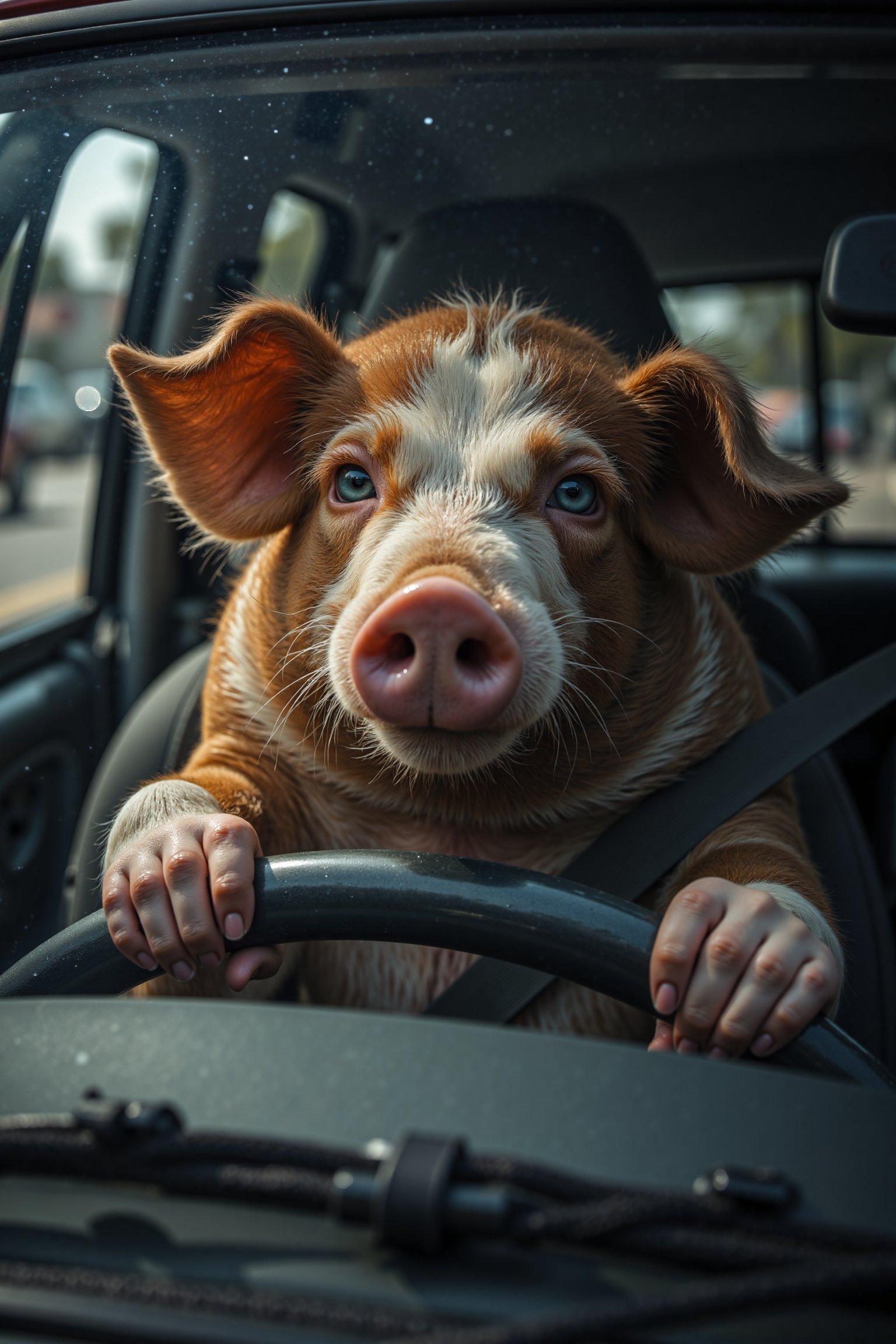 A drunken pig driving drunk,  with people surprised. by doorskim on Tensor.Art
