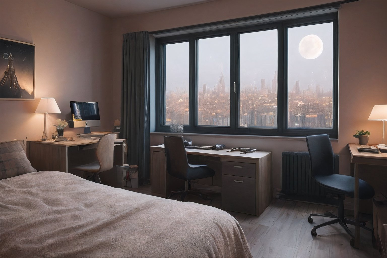 #McBane: 3d animation cinematic still of a cozy room, big windows with city view at night, crested moon, melancholic, sad vibes, bed is unmade, computer desk, cluttered with the mismatched furniture, guitar in the corner, in style of Pixar, Disney