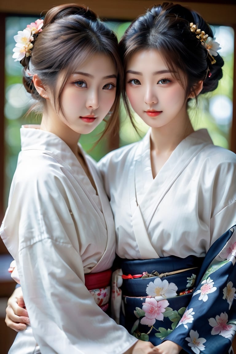 two Japanese lesbian girls having sex in kimonos, sexual poses, semi-naked, masturbating and licking each other, masterpiece, best quality, realistic, ultra highres, depth of field, (detailed face:1.2), (detailed eyes:1.2), (detailed background), (masterpiece:1.2), (ultra detailed), (best quality), intricate, comprehensive cinematic, photography, (gradients), colorful,seductive, visual key, shiny skin,photorealistic skin,hubgwomen,Close-up Pussy