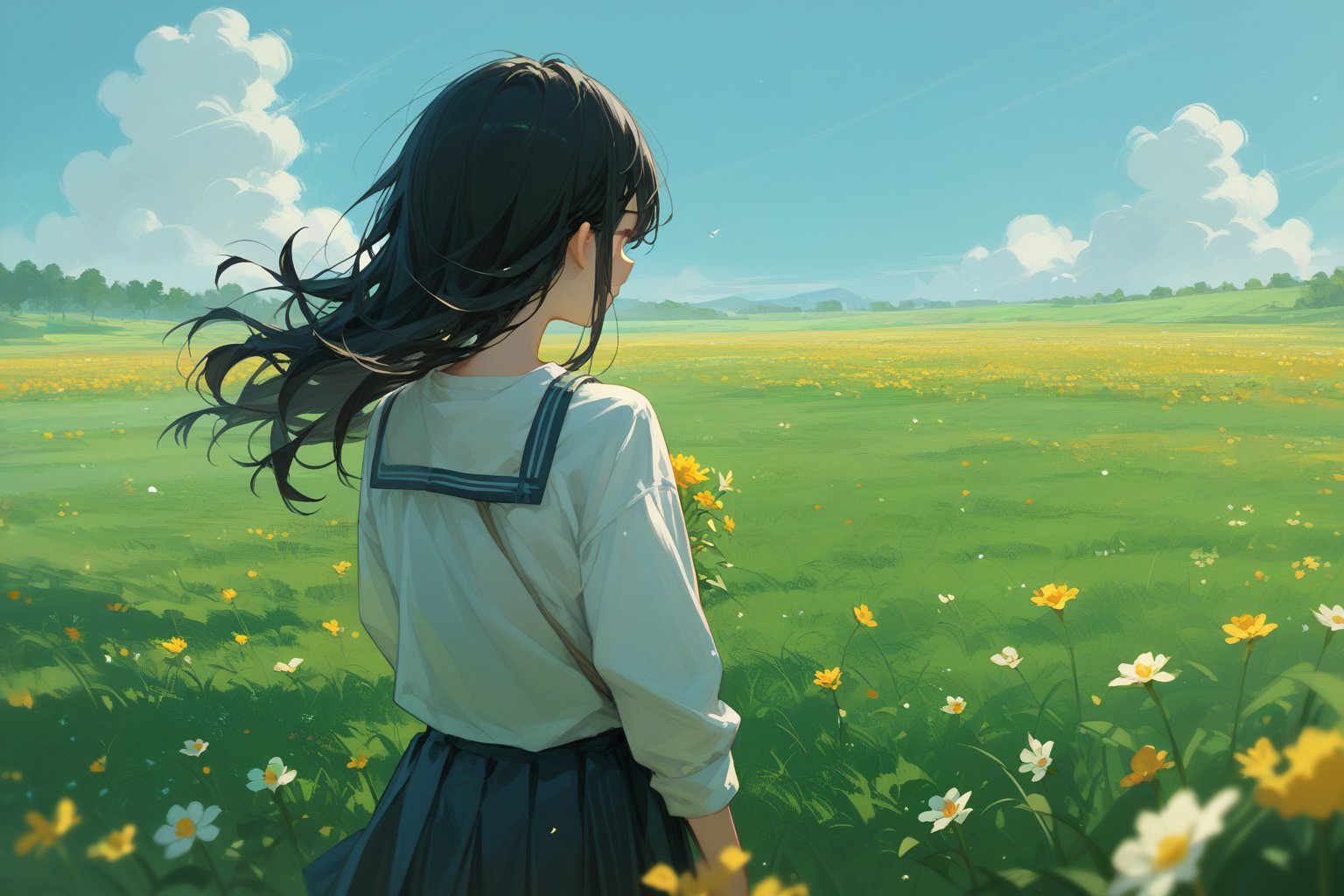 score_9, score_8_up, score_7_up, anime school girl with long black hair, standing in a flower field, back turned