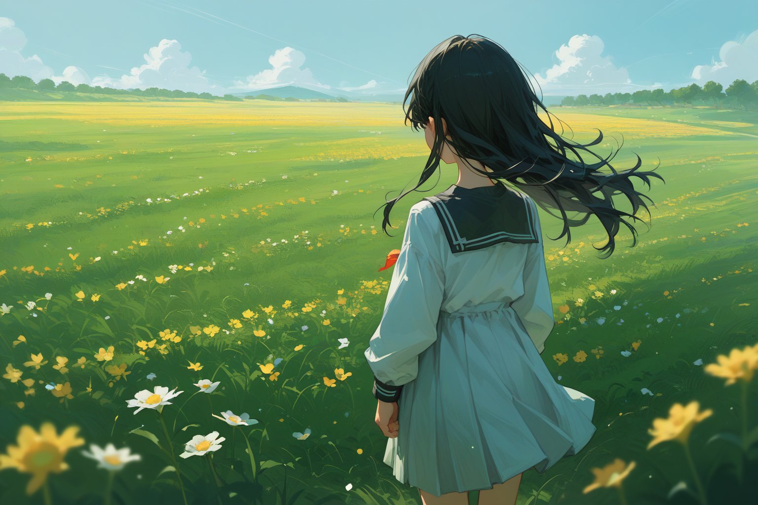 score_9, score_8_up, score_7_up, anime school girl with long black hair, standing in a flower field, back turned