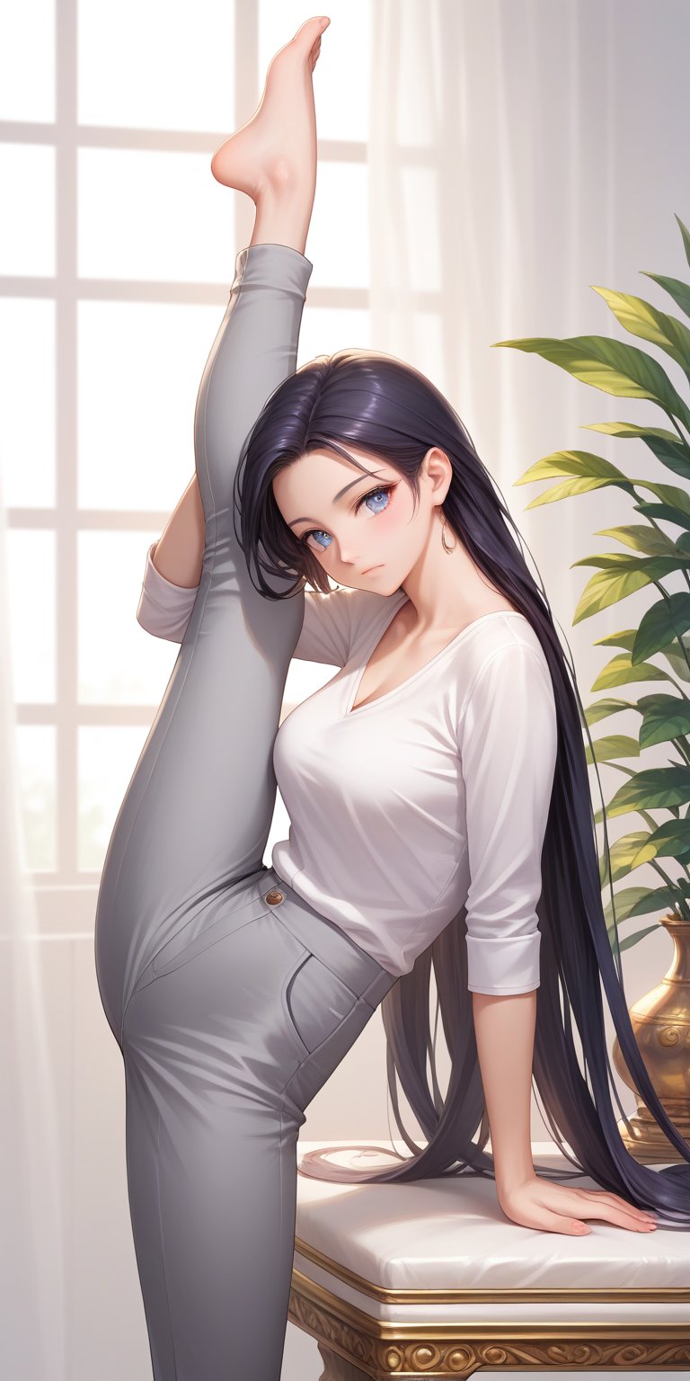 score_9, score_8_up, score_7_up, score_6_up, score_5_up, score_4_up,source_anime,

1 woman, performing a handstand, solo, (30yo), flexible, strong, beautiful detailed eyes, long black hair flowing down her back, white shirt, grey pants, white surface, elegant, balance, determination, detailed background, depth of field, realistic, soft lighting, best quality,masterpiece