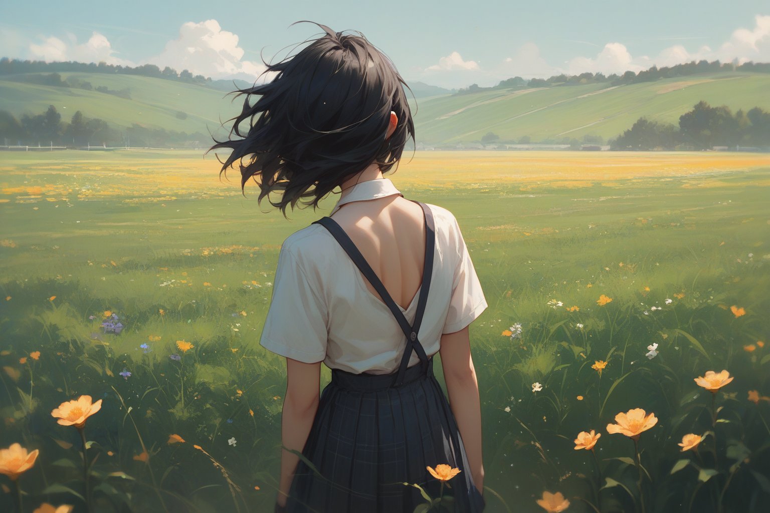 score_9, score_8_up, score_7_up, anime school girl with long black hair, standing in a flower field, back turned