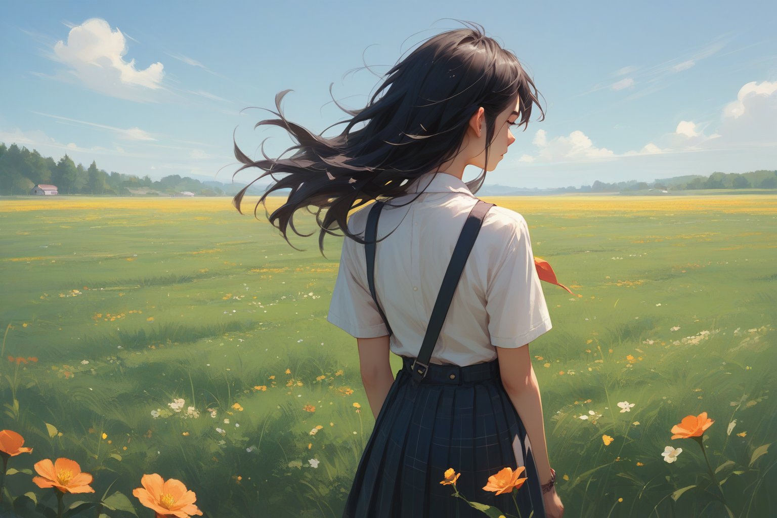 score_9, score_8_up, score_7_up, anime school girl with long black hair, standing in a flower field, back turned