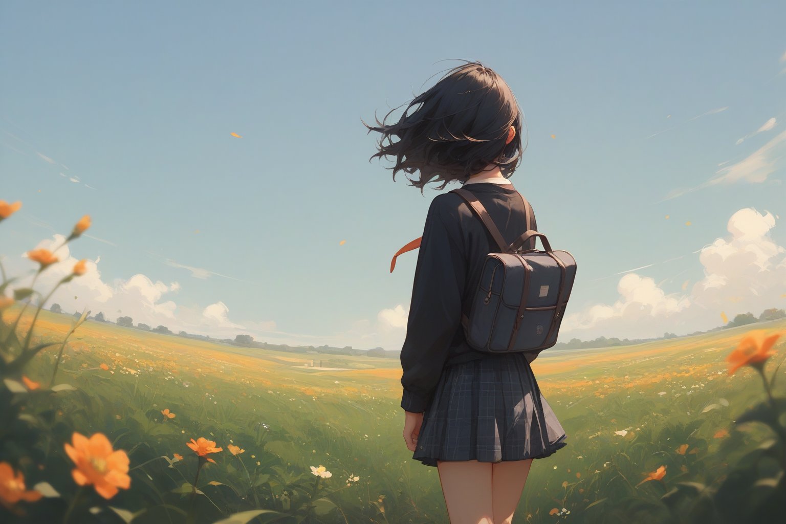 score_9, score_8_up, score_7_up, anime school girl with long black hair, standing in a flower field, back turned