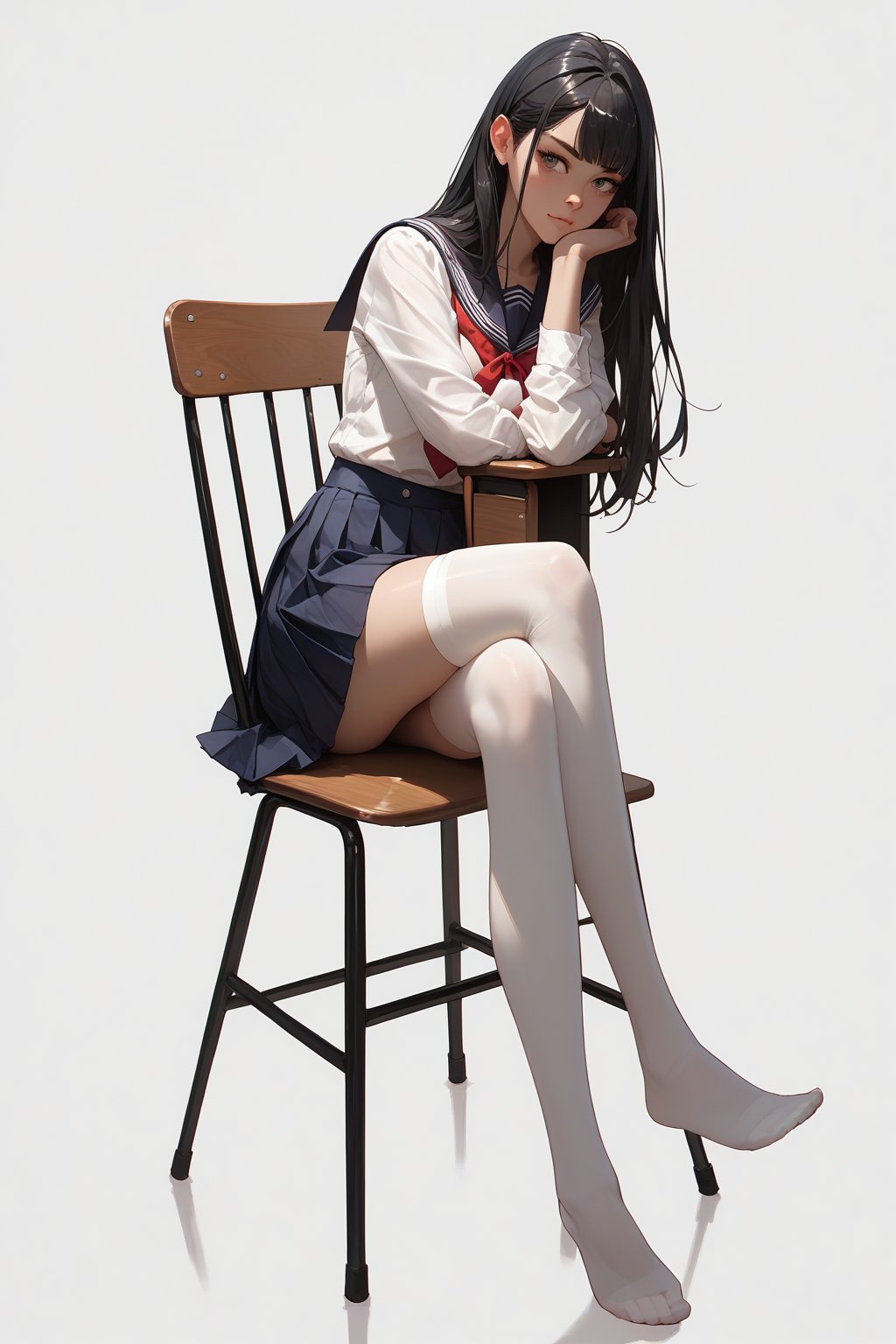 score_9, score_8_up, score_7_up, 1girl, long black hair,school uniform,short skirt, (no shoes), full body, white thighhighs, crossed legs, sitting, (simple white background), 