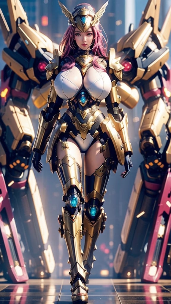 (1girl looking at viewer),(High quality, hyper realistic, 4k) ,symmetry color, symmetrical, very detailed reflection, masterpiece, vivid vibrant color,((full body)),((detailed facial)),gigantic_breasts,mecha,hex_s1,valkyrie style,full armor,glitter,blurry_light_background,realhands,little_cute_girl,naked breasts,ankle,(full armor),high heel boots,cyborg,foot,bikini,hourglass body shape,ankle,