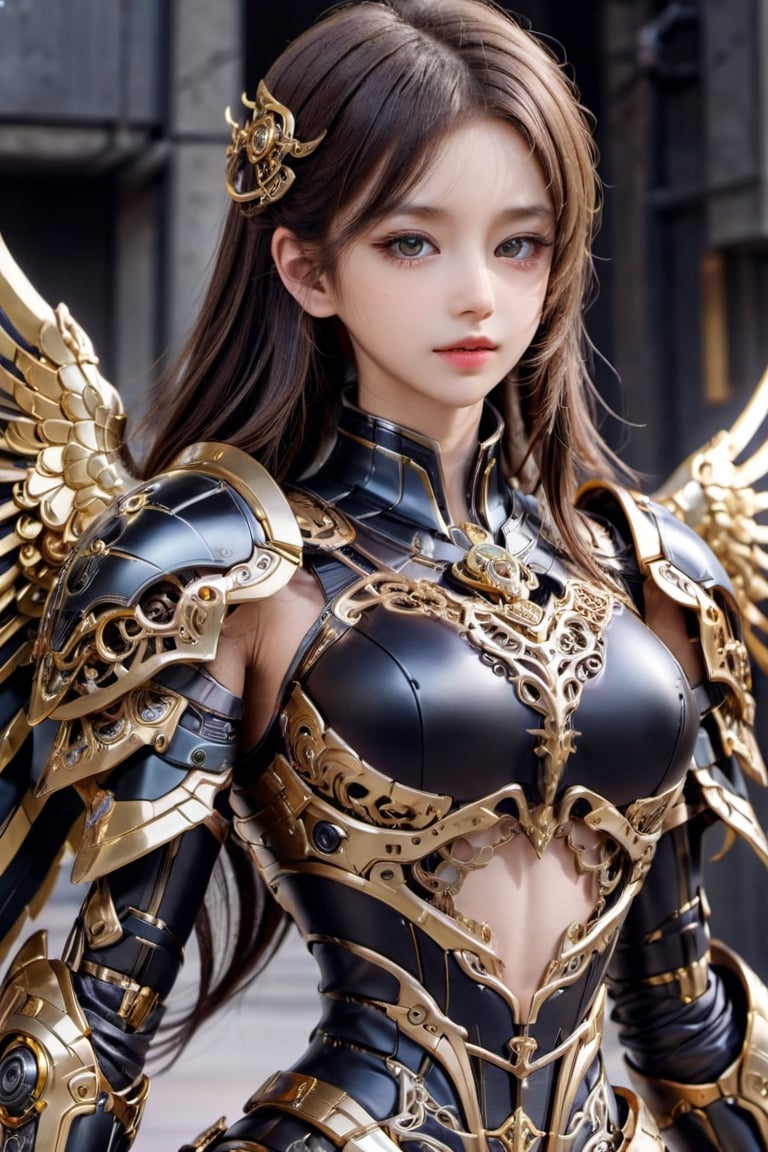 (1girl, looking at viewer), brown long hair, mechanical_wings, dynamic pose, delicate gold filigree, intricate filigree, black metalic parts, golden parts, intricate armor, detailed part, cyborg, Movie Still,ellafreya,candyseul,gigantic_breasts,LinkGirl