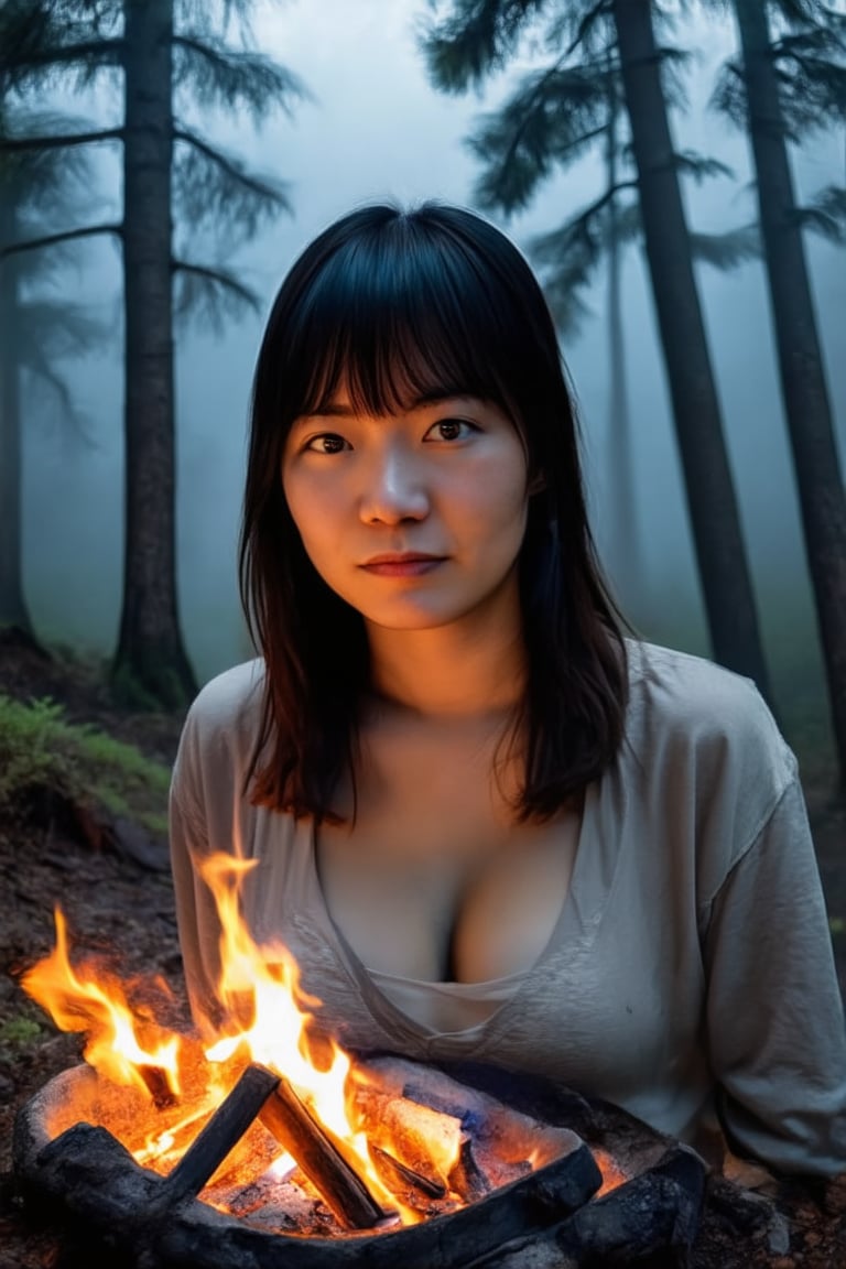 A young Japanese woman is camping in a deep mountain forest with thick fog,campfire,masterpiece,best quality,ultra detailed face,ultra detailed,4k,((blue eyes,blueeyes,blue_eyes)),skinny,(wide shot),ghost_girl,ghost,night,spooky,midnight,cleavage,dirty shirts,(boobs),tent,campfire