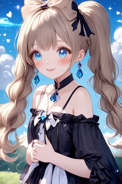 1 girl, solo, long hair, twin tail hairstyle, looking at viewer, blush, bangs, hair accessory, jewels, blue eyes, light brown wavy hair, ribbon, bow, earrings, medium bust, loli, off shoulder, gothic outfit, open lips, blurry, ((masterpiece)), excellent quality, light particles, fluffy clouds, hearts, ((stunning images: 1.3)), ((crystals in the air: 1)), detailed, detailed masterpiece, anime art style. , ek_real_b00ster, ek_ani_b00ster