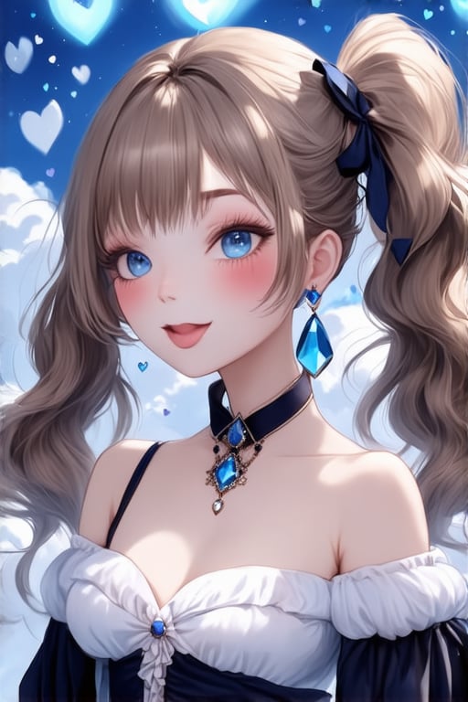 1 girl, solo, long hair, twin tail hairstyle, looking at viewer, blush, bangs, hair accessory, jewels, blue eyes, light brown wavy hair, ribbon, bow, earrings, medium bust,woman, off shoulder, gothic outfit, open lips, blurry, ((masterpiece)), excellent quality, light particles, fluffy clouds, hearts, ((stunning images: 1.3)), ((crystals in the air: 1)), detailed, detailed masterpiece, anime art style. , ek_real_b00ster, ek_ani_b00ster
sexy,naked_shirt