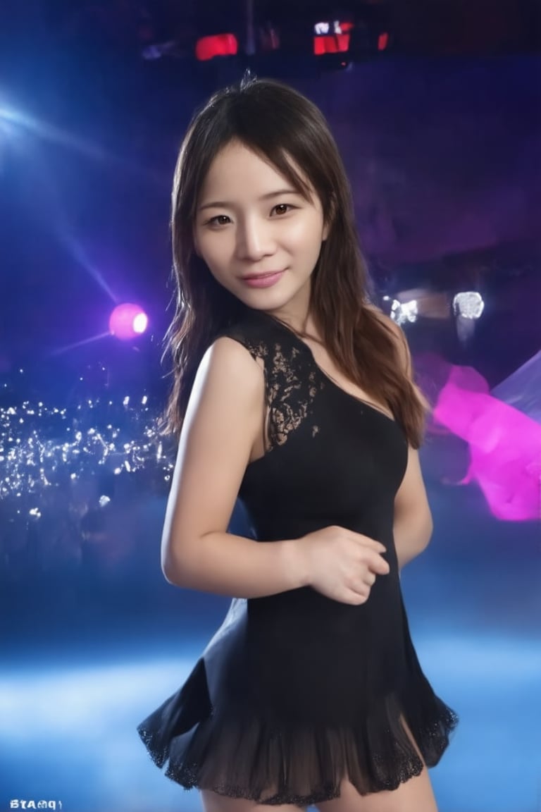 A glamorous K-pop star stands center stage, exuding elegance and charm. The scene is set in a grand concert hall, with spotlights creating a dramatic effect, highlighting her flawless makeup and luxurious attire. She poses with a confident smile, holding a microphone, her posture reflecting poise and sophistication. The background is filled with vibrant, colorful lights, enhancing the atmosphere of a high-energy performance. The composition captures her star power and the electrifying ambiance of a K-pop concert.