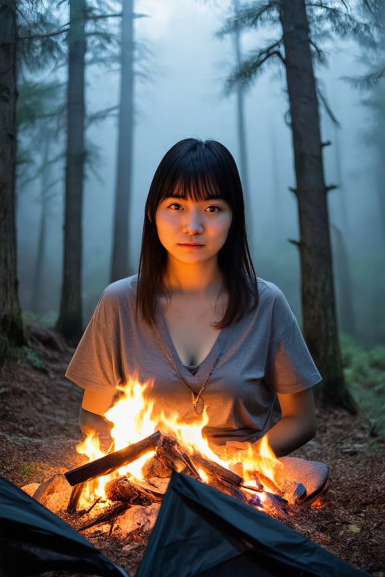 A young Japanese woman is camping in a deep mountain forest with thick fog,campfire,masterpiece,best quality,ultra detailed face,ultra detailed,4k,((blue eyes,blueeyes,blue_eyes)),skinny,(wide shot),ghost_girl,ghost,night,spooky,midnight,cleavage,dirty shirts,(boobs),tent,campfire