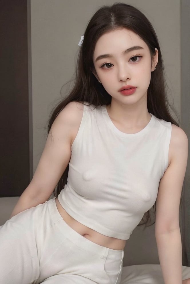 show from head to knee,  black hair in a bun,  a white t-shirts by AI Idol on Tensor.Art