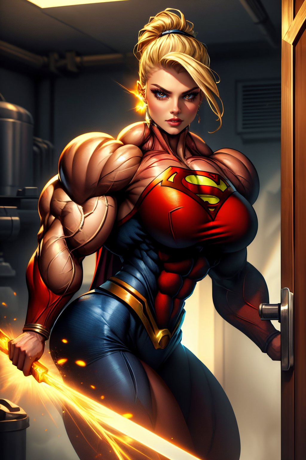 In a dimly lit, industrial-chic setting, Supergirl stands tall alongside another super woman, their figures illuminated by a single, piercing spotlight. The hyper-realistic rendering showcases Supergirl's ultra-muscular physique in stunning detail: her sleek, black tactical suit accentuates defined abs and broad shoulders, while flowing blonde hair is pulled back into a tight ponytail. As she effortlessly lifts a heavy steel door with one hand, muscles tense and veins bulge, radiating an aura of strength. Glowing eyes scan the room for threats, casting an ethereal glow amidst the shadows.