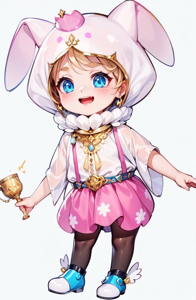 (best quality, masterpiece:1.2),ultra detailed, girl,Adorable performer wearing a unique headdress, holding a golden cup adorned with gemstones. The joyful expression and exquisite details of the golden cup create a mysterious and enchanting scene, symbolizing fantasy and joy.