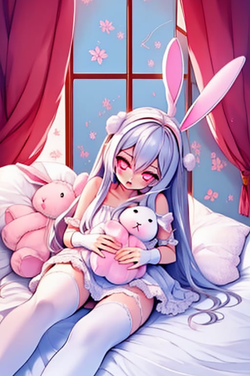 beautiful illustration, best quality, cute girl, bedroom, pastel color, fluffy bunny ears, , silver long hair, rabbit stuffed toy, bright lighting, light pink eyes, background,scenery,CrclWc,CuteSt1,WtrClr