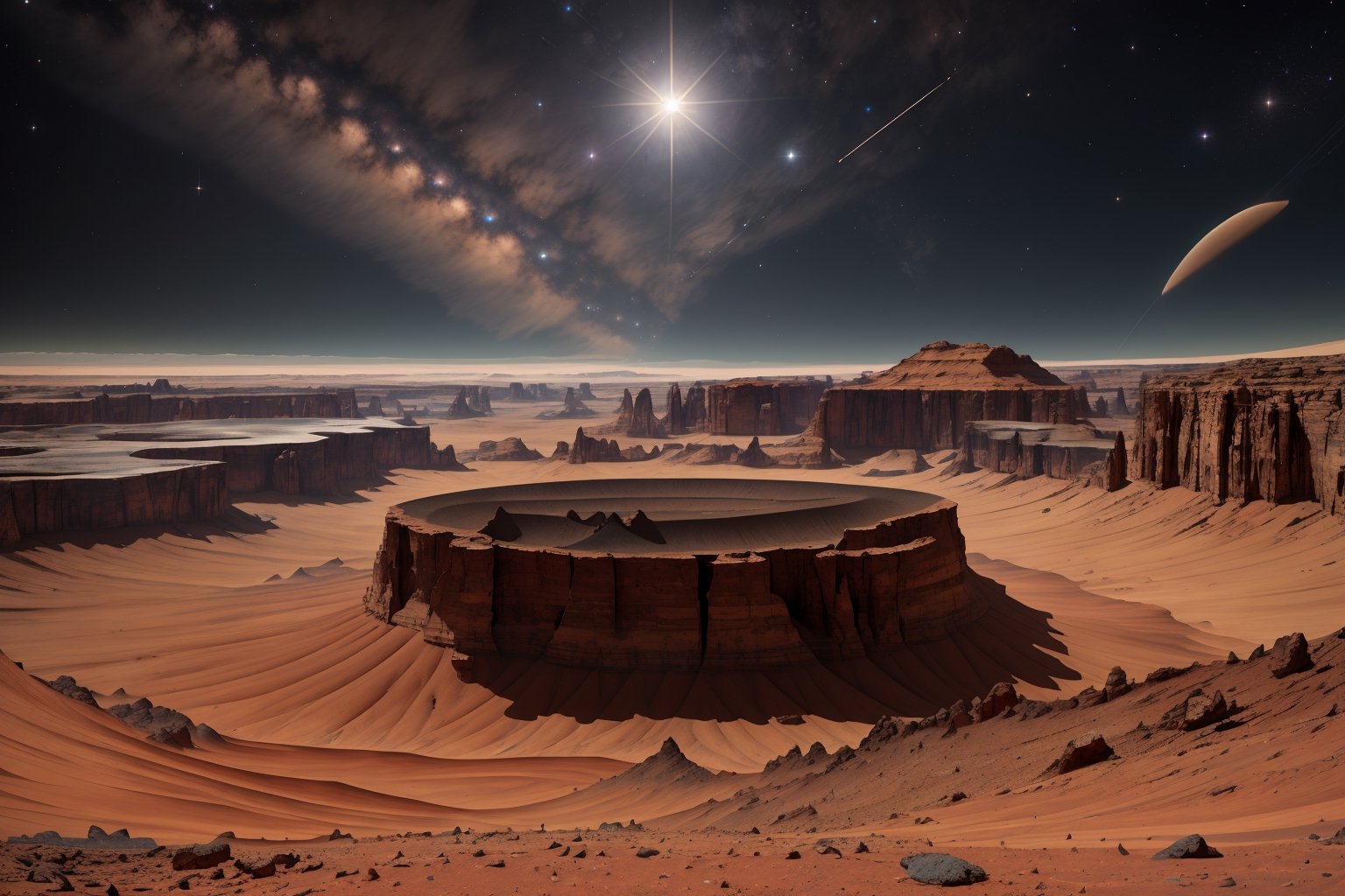 A breathtaking landscape of Mars, revealing the planet's otherworldly beauty in all its glory. The vast expanse of crimson terrain stretches out as far as the eye can see, with towering canyons and rocky outcroppings jutting up from the surface. A vivid ochre sky, dotted with wispy white clouds, arches overhead, lending a surreal and dreamlike quality to the scene. The air is thin and still, with only the occasional gust of reddish dust swirling across the terrain. In the distance, a massive volcano looms large, its slopes a deep shade of crimson, almost black. Sunlight filters through the atmosphere, casting long shadows across the surface, emphasizing the rugged terrain and the harsh beauty of this alien world. In the foreground, a lone, weathered rock formation stands proudly, its jagged edges catching the light, revealing a hint of the geological wonders that lie beneath the surface of Mars. The image evokes a sense of awe and wonder, reminding viewers that there are countless worlds out there waiting to be explored.,Sylvain_Sarrailh_style_lora_by_niolas