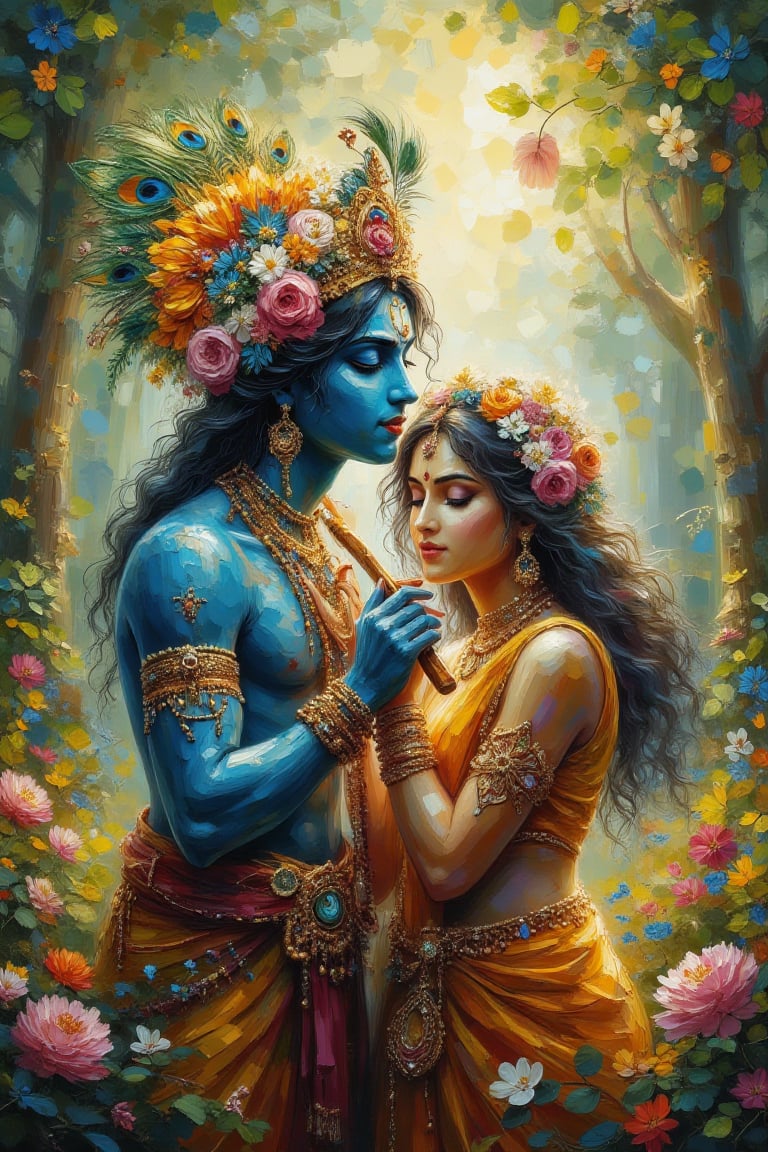 Prompt: "Lord Krishna and Radha in an enchanting forest,  depicted in a vibrant and artistic style. Krishna,  with blue sk...