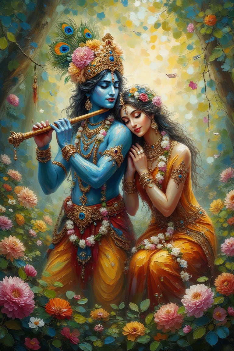 Prompt: "Lord Krishna and Radha in an enchanting forest,  depicted in a vibrant and artistic style. Krishna,  with blue sk...